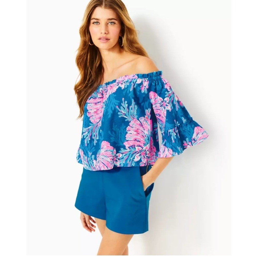 Lilly‎ Pulitzer Croix Off The Shoulder Crop Top Blue Pink Floral Bell Sleeve L
